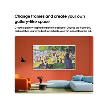 LG Gallery TV AI with frame LX7 ART TV featuring Gallery Design with Attachable Frame is mounted on a red wall, its Snow White frame seamlessly wrapping around the screen as displayed artwork creates a refined, gallery-like mood.